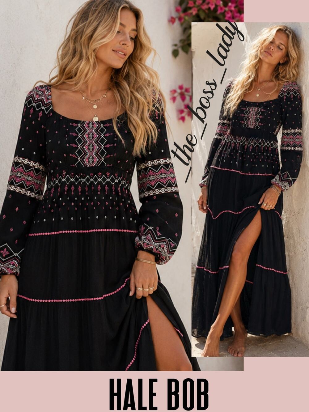 Hale Bob maxi dress embroidered trim side slit boho Small
